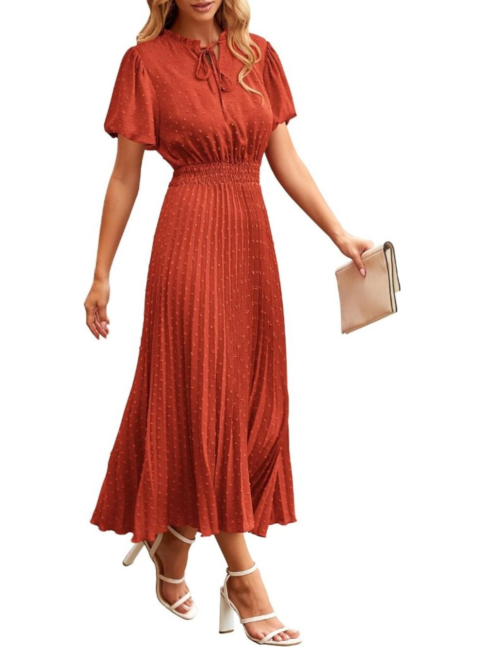 〽️Brick Red Boho Floral Maxi Dress Women’s Flutter Sleeve Smocked Tiered